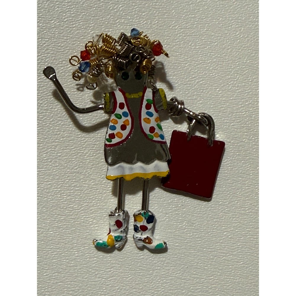 Whimsical Shopping Girl Enamel Brooch Polka Dot Dress Red Bag Wire Hair Pin